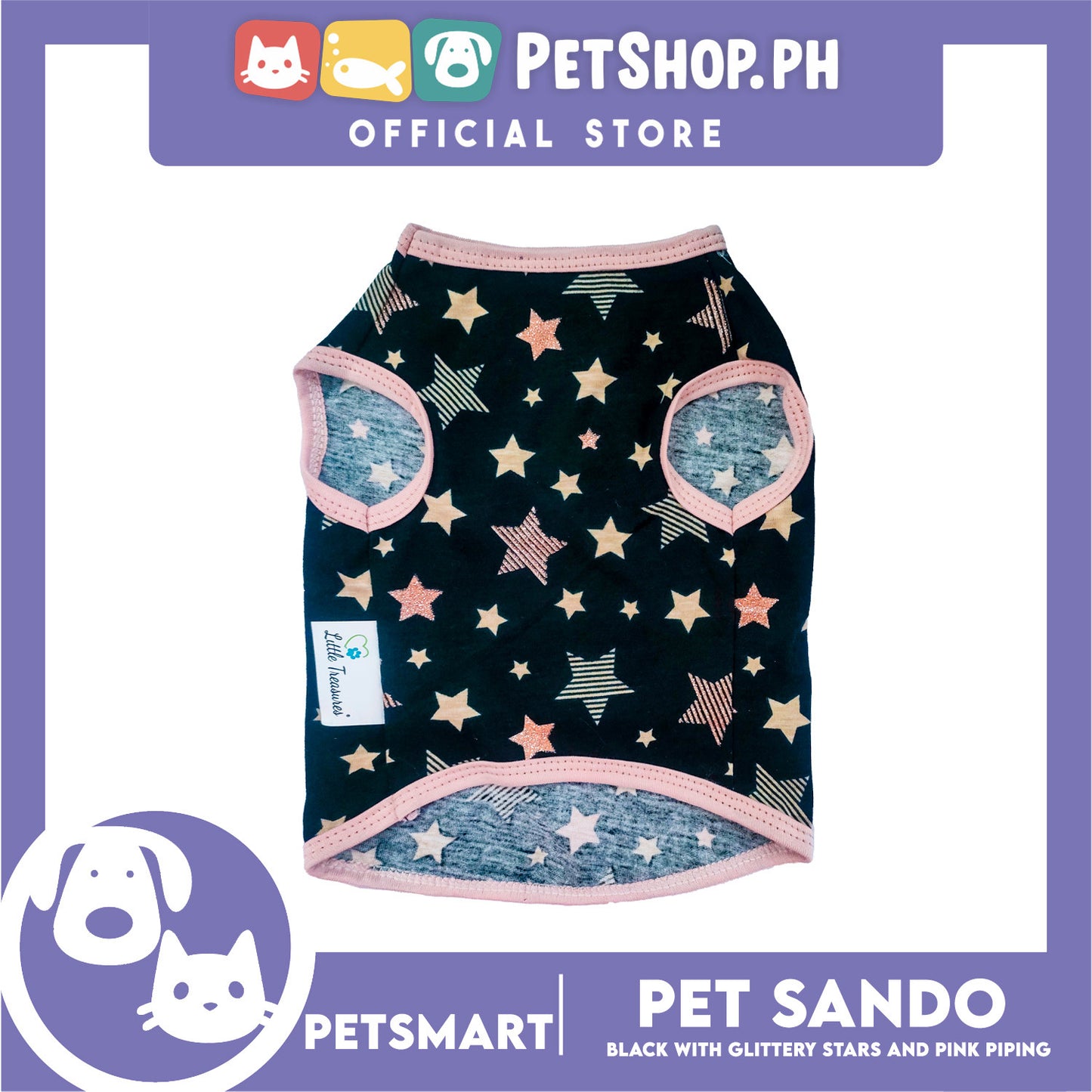 Pet Sando Black with Glittery Stars and Pink Piping Color DG-CTN147L (Large) Perfect Fit For Dogs And Cats