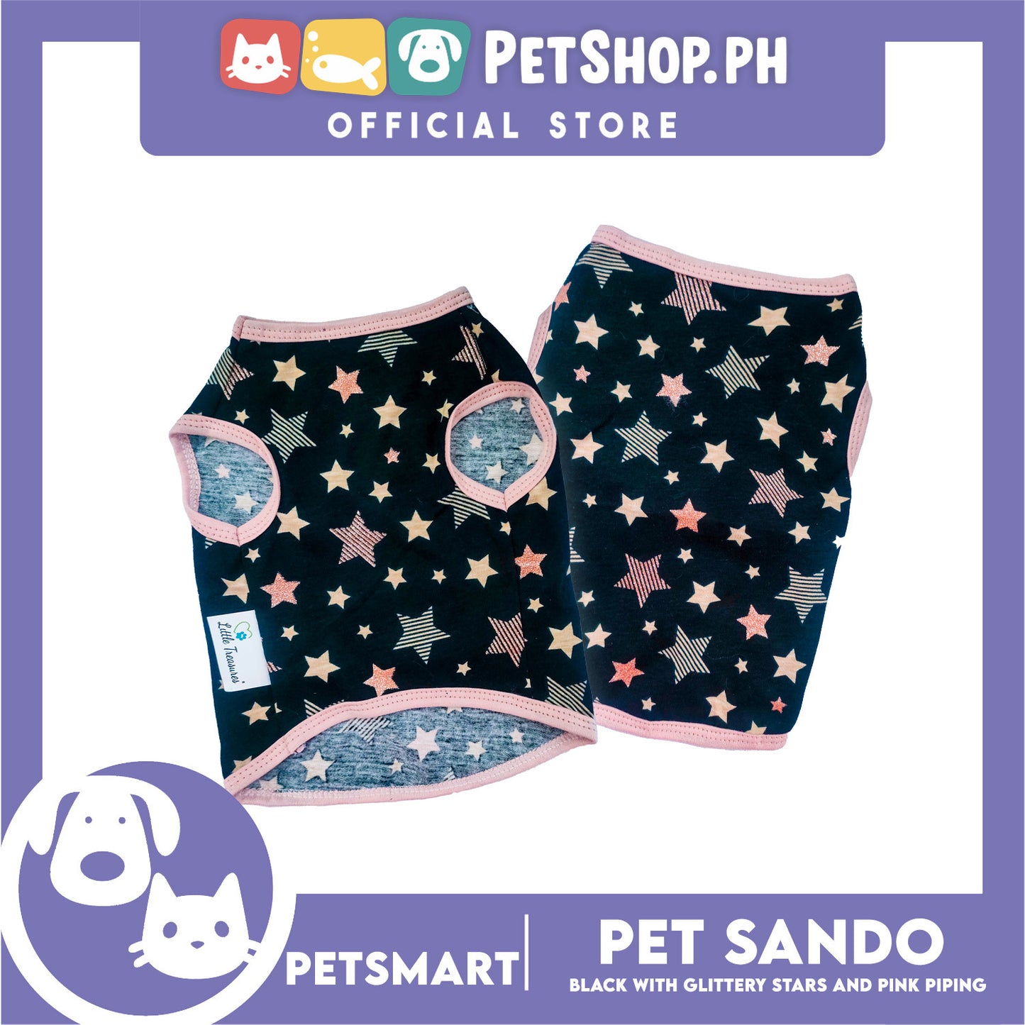 Pet Sando Black with Glittery Stars and Pink Piping Color DG-CTN147L (Large) Perfect Fit For Dogs And Cats