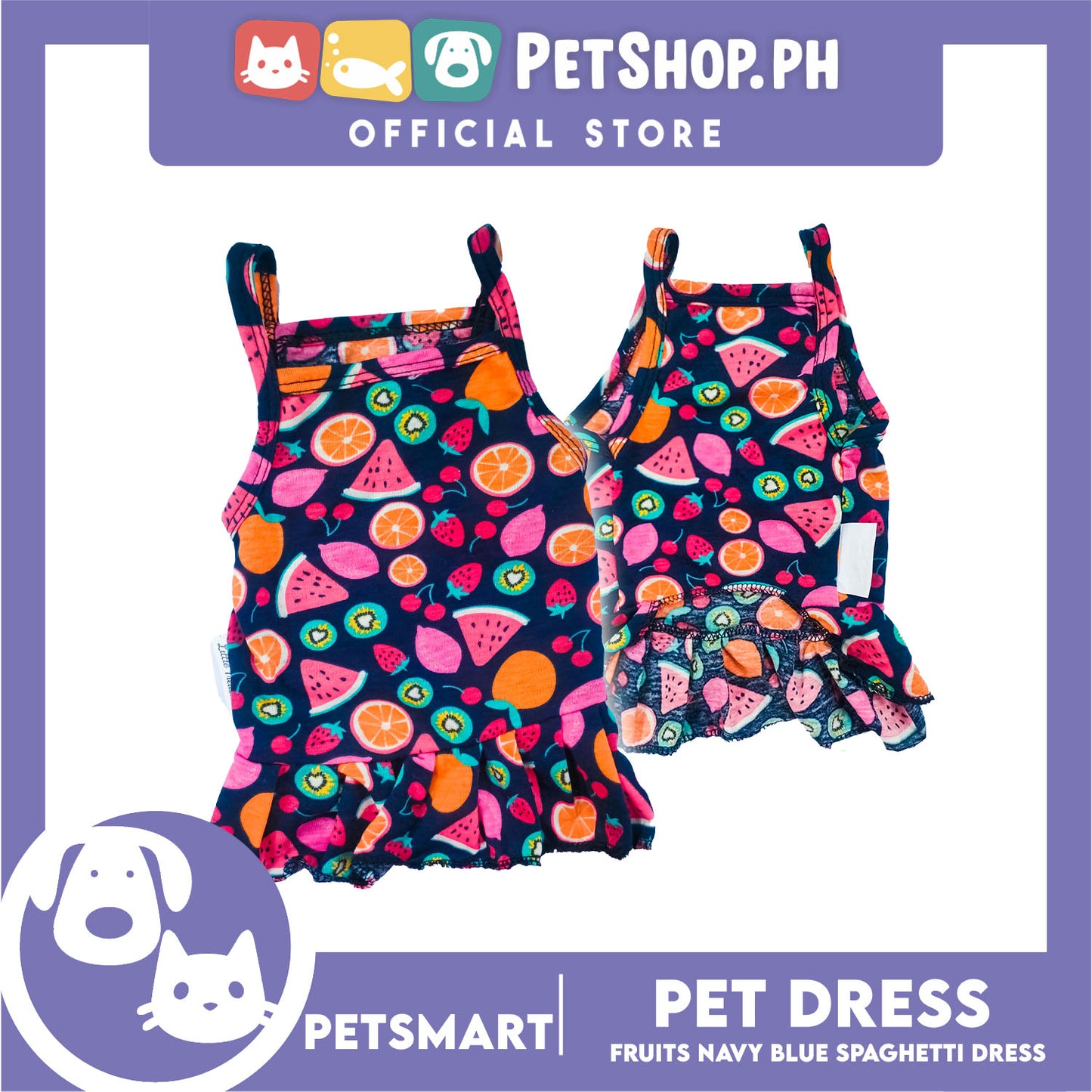 Pet Dress Fruits Design, Navy Blue Color Spaghetti Dress DG-CTN151L (Large) Perfect Fit For Dogs And Cats