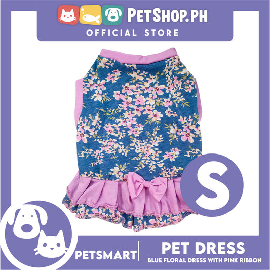 Pet Dress Blue Floral with Pink Ribbon Design DG-CTN153S (Small) Perfect Fit For Dogs And Cats