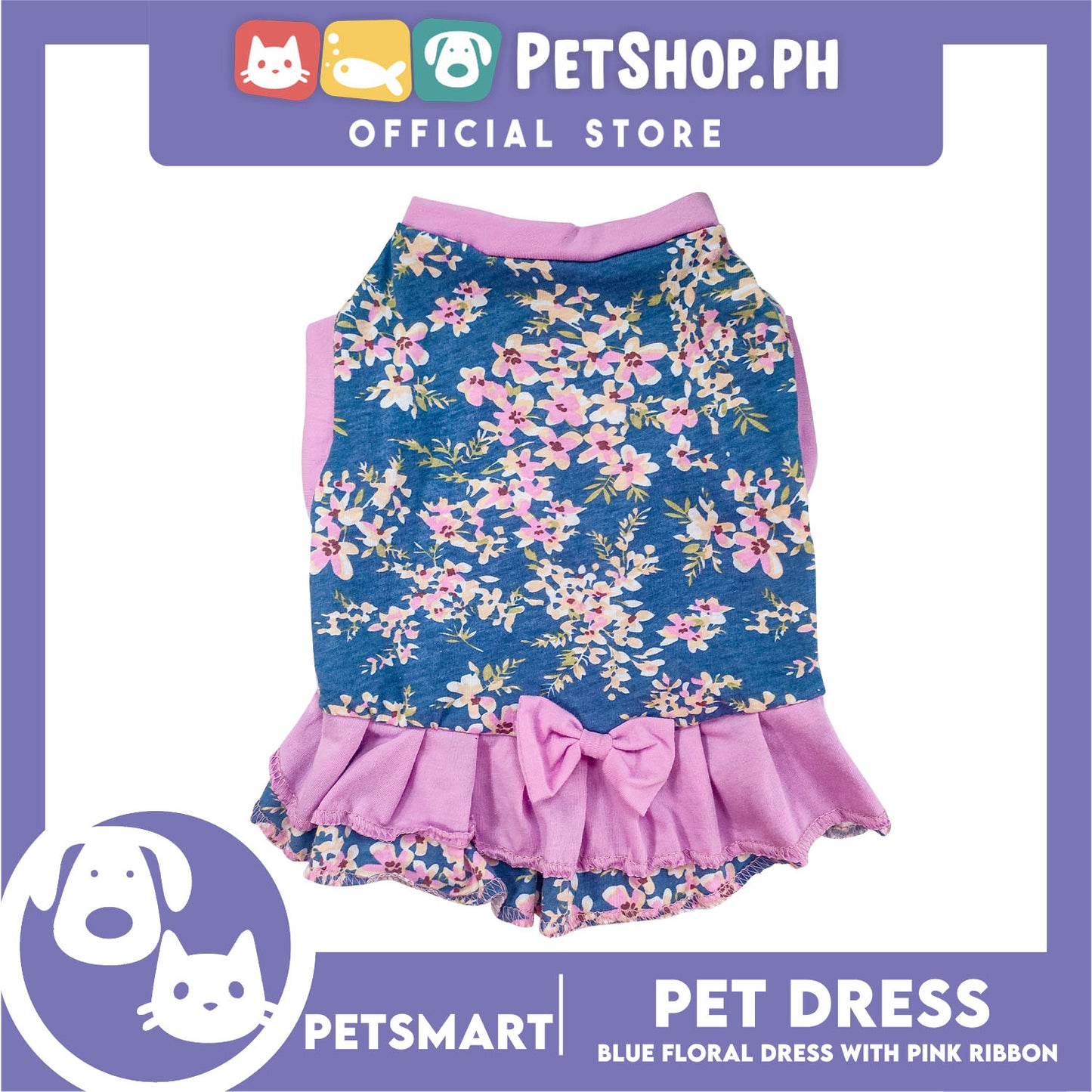 Pet Dress Blue Floral with Pink Ribbon Design DG-CTN153S (Small) Perfect Fit For Dogs And Cats