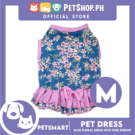 Pet Dress Blue Floral with Pink Ribbon Design DG-CTN153M (Medium) Perfect Fit For Dogs And Cats