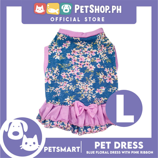 Pet Dress Blue Floral with Pink Ribbon Design DG-CTN153L (Large) Perfect Fit For Dogs And Cats