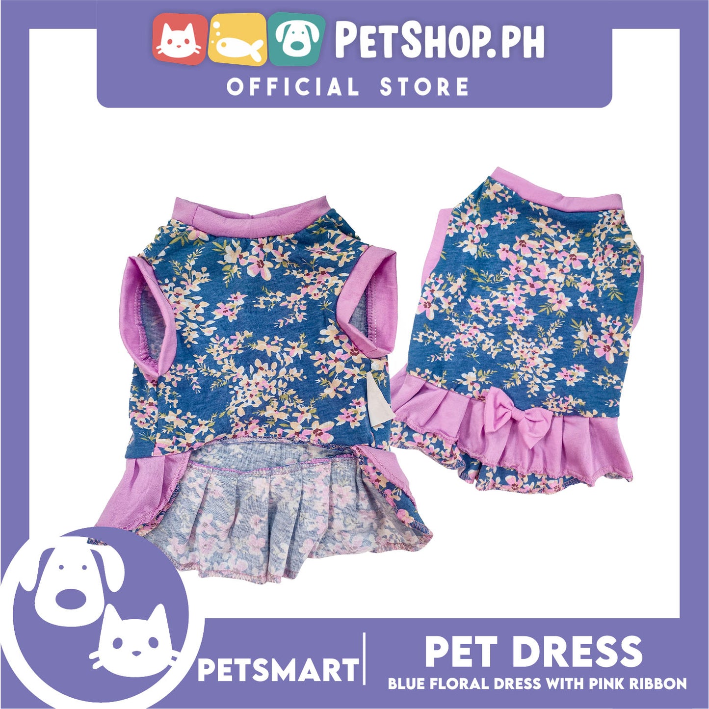 Pet Dress Blue Floral with Pink Ribbon Design DG-CTN153L (Large) Perfect Fit For Dogs And Cats