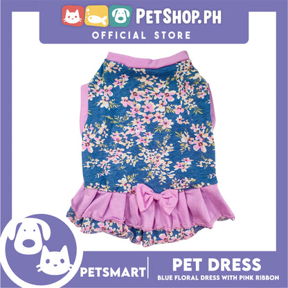Pet Dress Blue Floral with Pink Ribbon Design DG-CTN153L (Large) Perfect Fit For Dogs And Cats