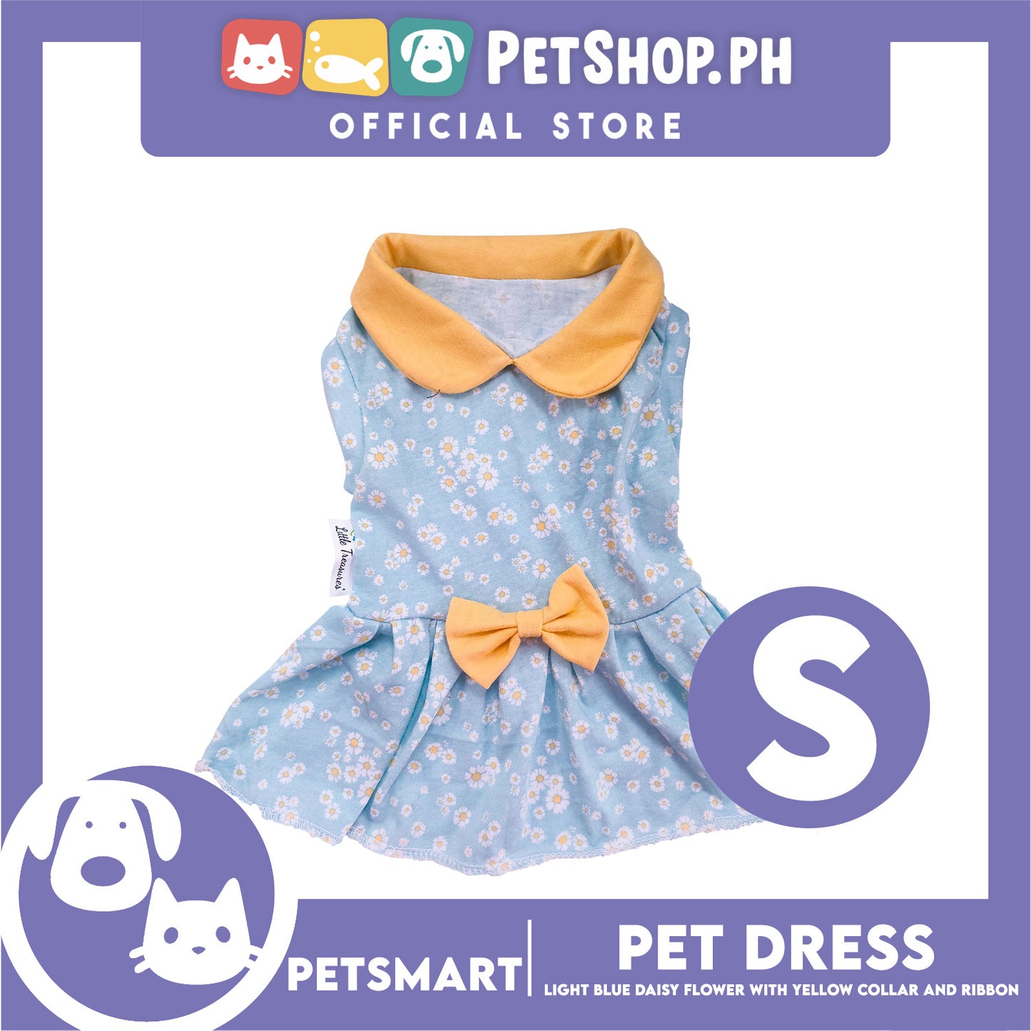 Pet Dress Light Blue Daisy Flower with Yellow Collar and Ribbon Design DG-CTN154S (Small) Perfect Fit For Dogs And Cats