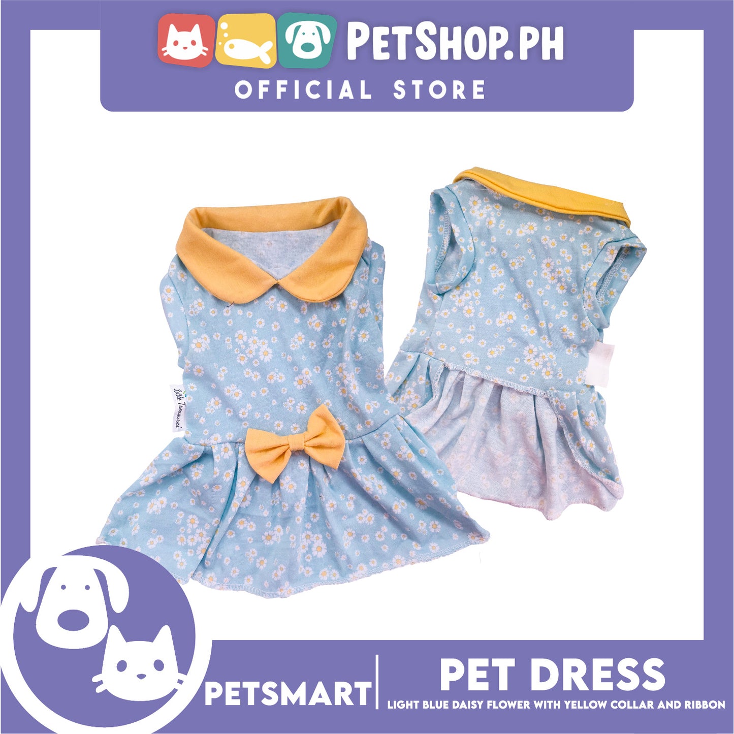 Pet Dress Light Blue Daisy Flower with Yellow Collar and Ribbon Design DG-CTN154S (Small) Perfect Fit For Dogs And Cats