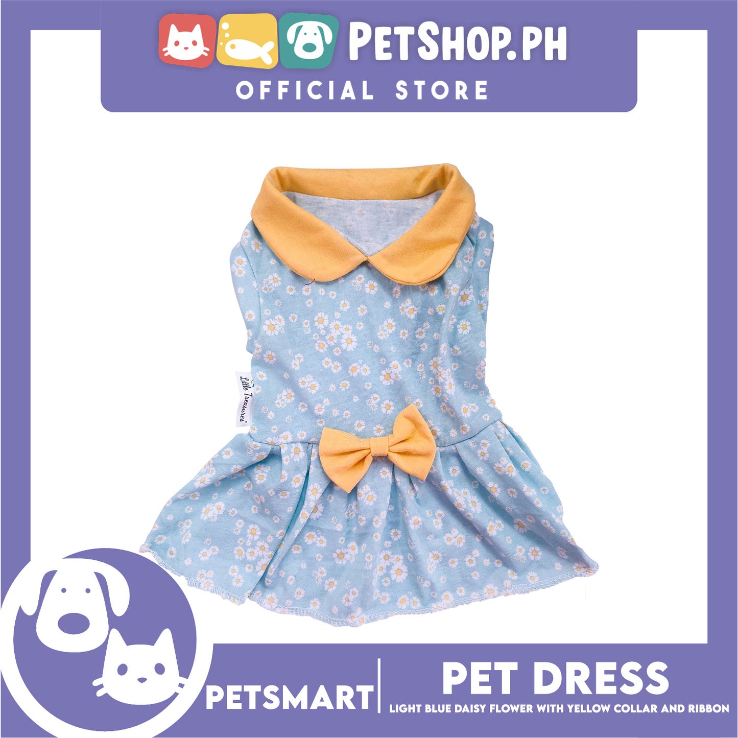 Pet Dress Light Blue Daisy Flower with Yellow Collar and Ribbon Design DG-CTN154S (Small) Perfect Fit For Dogs And Cats