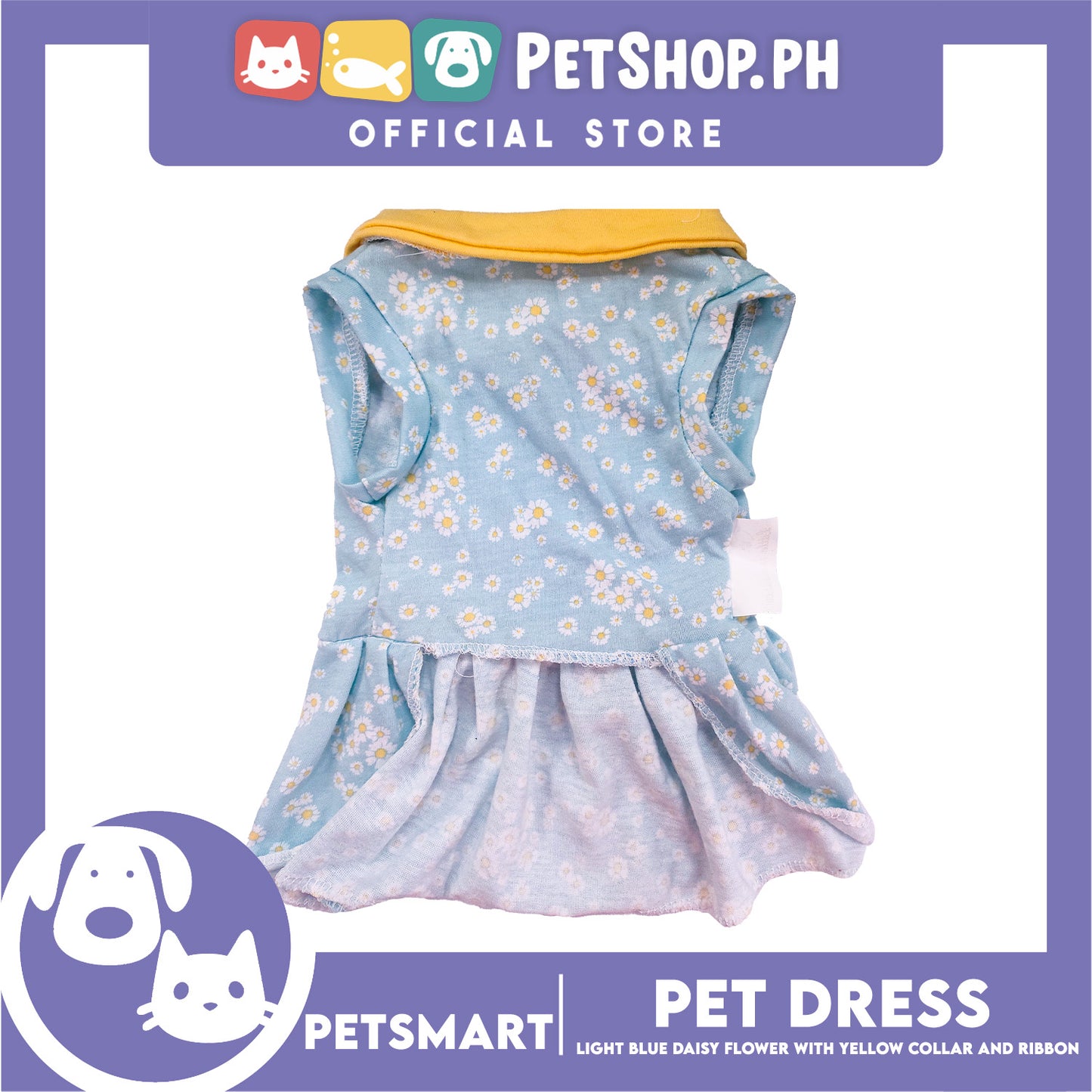 Pet Dress Light Blue Daisy Flower with Yellow Collar and Ribbon Design DG-CTN154S (Small) Perfect Fit For Dogs And Cats
