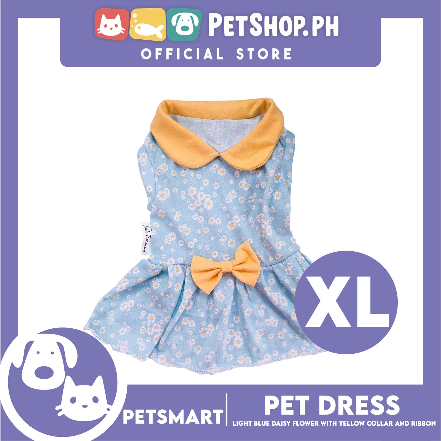 Pet Dress Light Blue Daisy Flower with Yellow Collar and Ribbon Design DG-CTN154XL (XL) Perfect Fit For Dogs And Cats