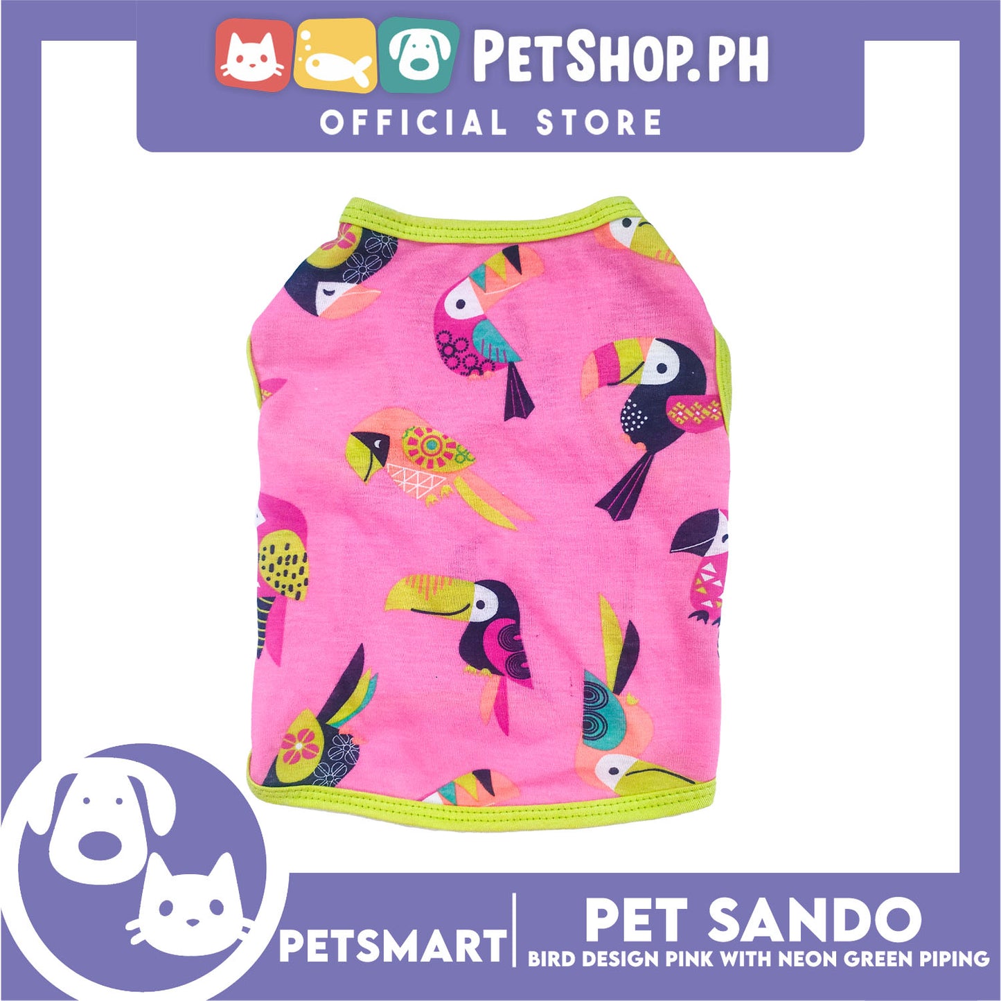 Pet Sando Parrot Bird Design, Pink with Neon Green Piping Color DG-CTN148L (Large) Perfect Fit For Dogs And Cats