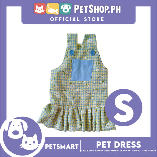 Pet Dress, Checkered Jumper Dress with Blue Pocket and Buttons Design DG-CTN157S (Small) Perfect Fit For Dogs And Cats, Pet Clothes, Soft and Comfortable Pet Clothing