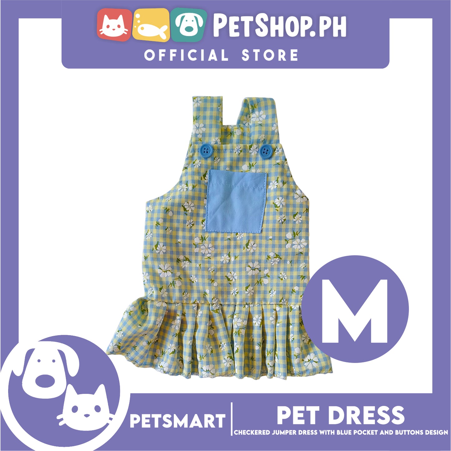 Pet Dress, Checkered Jumper Dress with Blue Pocket and Buttons Design DG-CTN157M (Medium) Perfect Fit For Dogs And Cats, Pet Clothes, Soft and Comfortable Pet Clothing