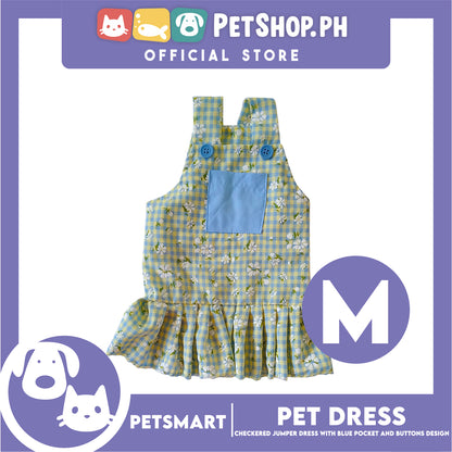 Pet Dress, Checkered Jumper Dress with Blue Pocket and Buttons Design DG-CTN157M (Medium) Perfect Fit For Dogs And Cats, Pet Clothes, Soft and Comfortable Pet Clothing