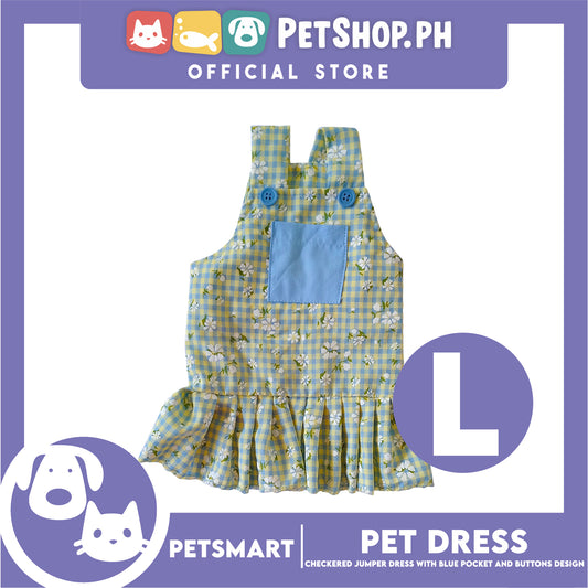 Pet Dress, Checkered Jumper Dress with Blue Pocket and Buttons Design DG-CTN157L (Large) Perfect Fit For Dogs And Cats, Pet Clothes, Soft and Comfortable Pet Clothing