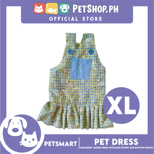 Pet Dress, Checkered Jumper Dress with Blue Pocket and Buttons Design DG-CTN157XL (XL) Perfect Fit For Dogs And Cats, Pet Clothes, Soft and Comfortable Pet Clothing