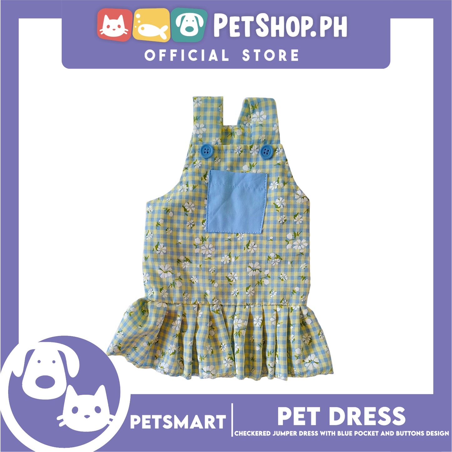Pet Dress, Checkered Jumper Dress with Blue Pocket and Buttons Design DG-CTN157XL (XL) Perfect Fit For Dogs And Cats, Pet Clothes, Soft and Comfortable Pet Clothing
