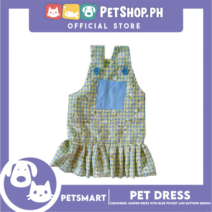 Pet Dress, Checkered Jumper Dress with Blue Pocket and Buttons Design DG-CTN157XL (XL) Perfect Fit For Dogs And Cats, Pet Clothes, Soft and Comfortable Pet Clothing