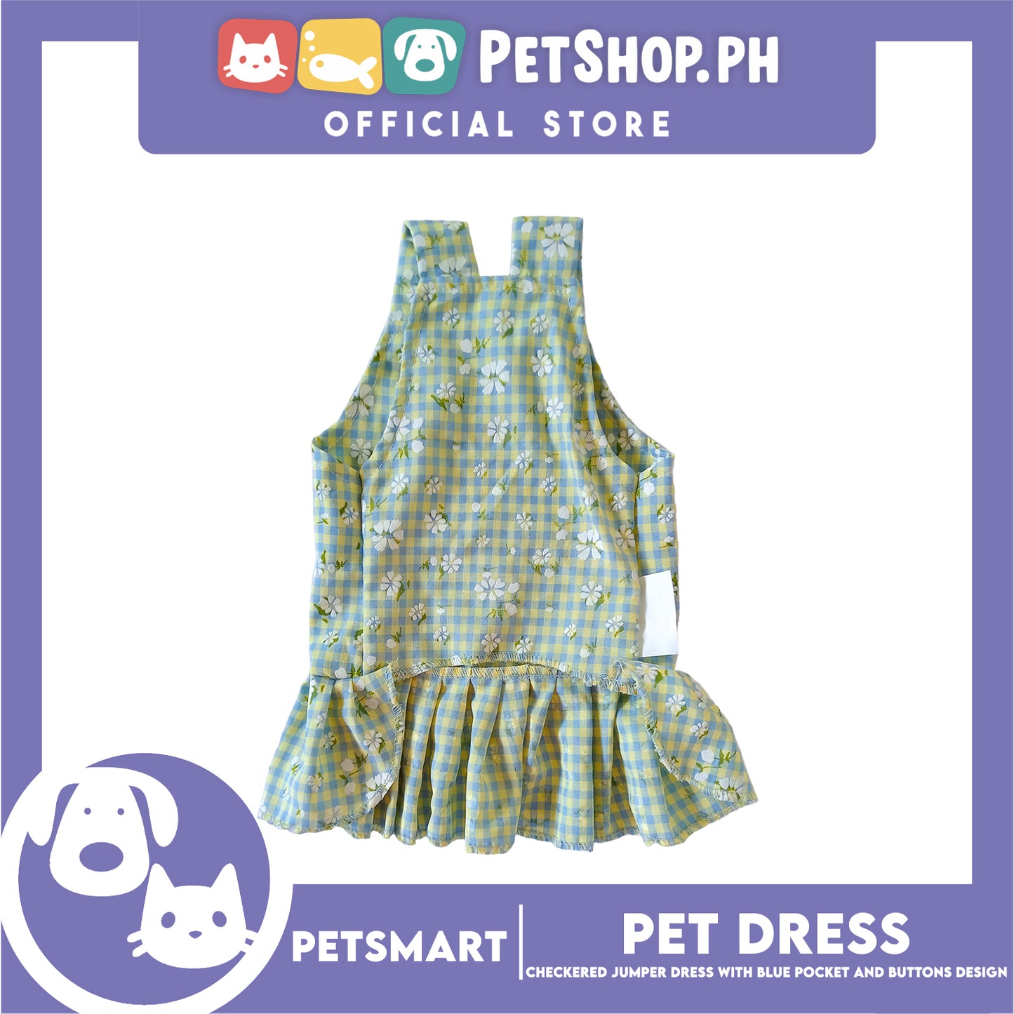 Pet Dress, Checkered Jumper Dress with Blue Pocket and Buttons Design DG-CTN157XL (XL) Perfect Fit For Dogs And Cats, Pet Clothes, Soft and Comfortable Pet Clothing