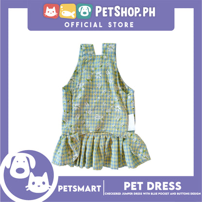 Pet Dress, Checkered Jumper Dress with Blue Pocket and Buttons Design DG-CTN157XL (XL) Perfect Fit For Dogs And Cats, Pet Clothes, Soft and Comfortable Pet Clothing