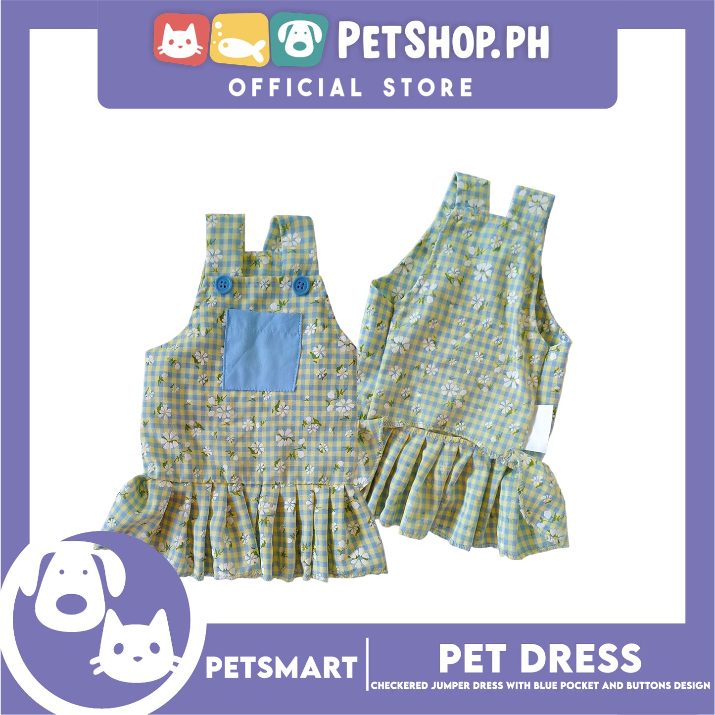 Pet Dress, Checkered Jumper Dress with Blue Pocket and Buttons Design DG-CTN157XL (XL) Perfect Fit For Dogs And Cats, Pet Clothes, Soft and Comfortable Pet Clothing