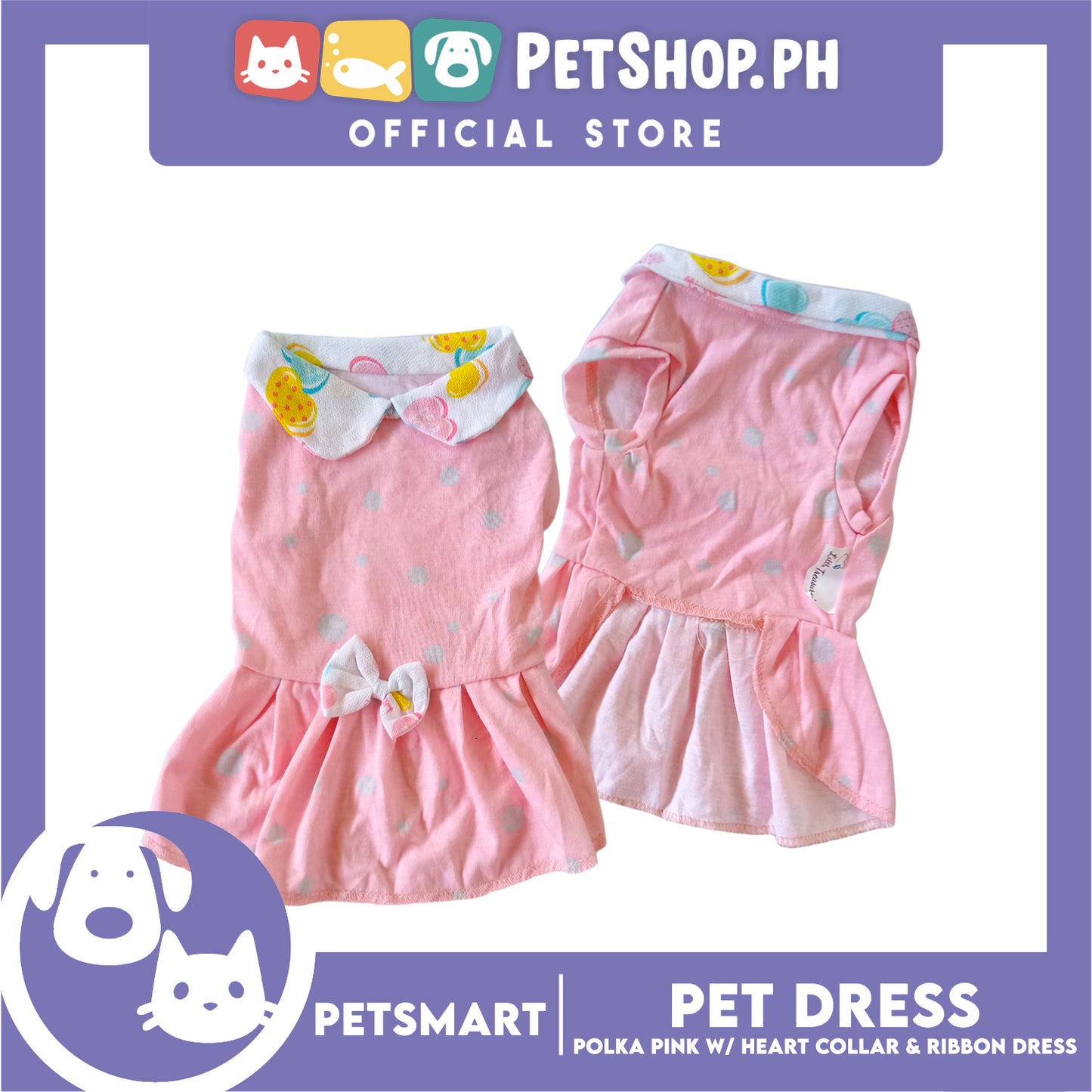 Pet Dress, Polka Pink with Heart Collar and Ribbon Design DG-CTN158S (Small) Perfect Fit For Dogs And Cats, Pet Clothes, Soft and Comfortable Pet Clothing