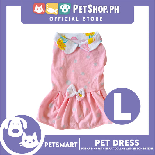Pet Dress, Polka Pink with Heart Collar and Ribbon Design DG-CTN158L (Large) Perfect Fit For Dogs And Cats, Pet Clothes, Soft and Comfortable Pet Clothing