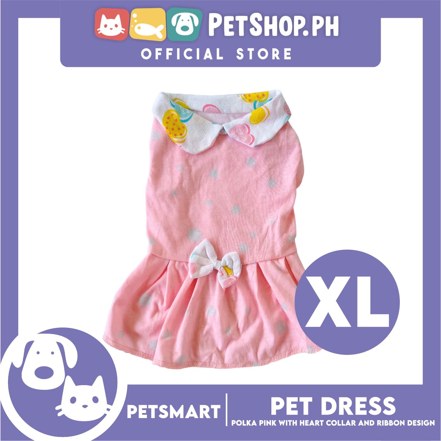 Pet Dress, Polka Pink with Heart Collar and Ribbon Design DG-CTN158XL (XL) Perfect Fit For Dogs And Cats, Pet Clothes, Soft and Comfortable Pet Clothing