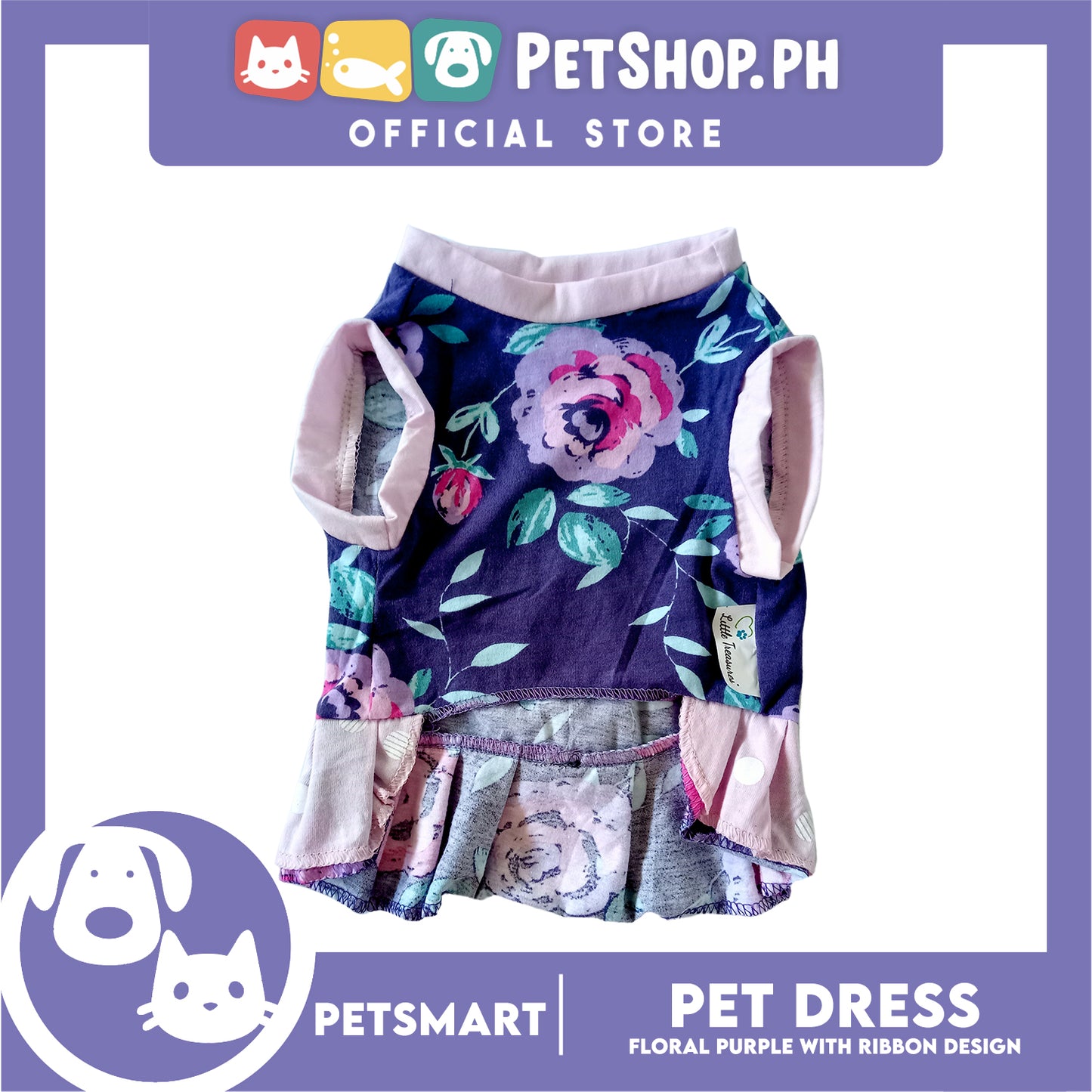 Pet Dress, Floral Purple with Ribbon Design DG-CTN159S (Small) Perfect Fit For Dogs And Cats, Pet Clothes, Soft and Comfortable Pet Clothing