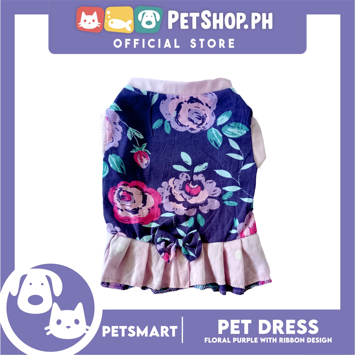 Pet Dress, Floral Purple with Ribbon Design DG-CTN159L (Large) Perfect Fit For Dogs And Cats, Pet Clothes, Soft and Comfortable Pet Clothing