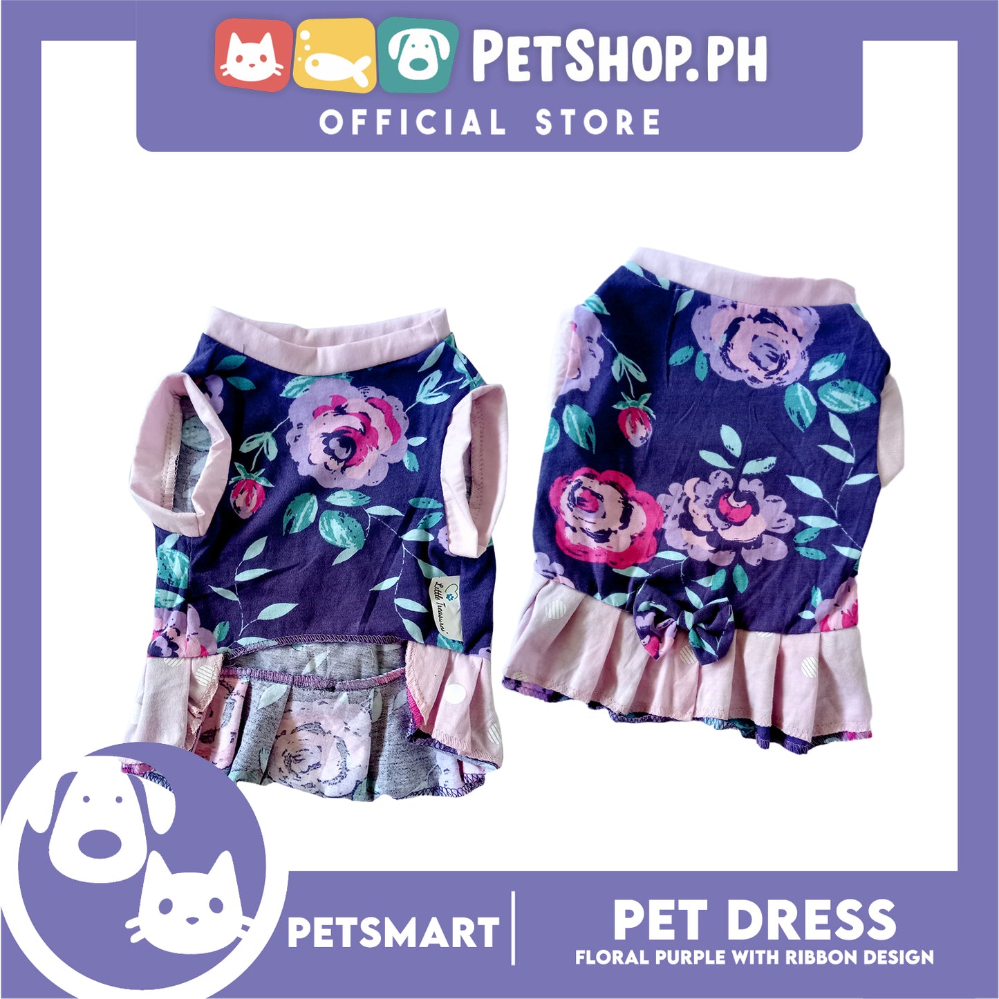 Pet Dress, Floral Purple with Ribbon Design DG-CTN159L (Large) Perfect Fit For Dogs And Cats, Pet Clothes, Soft and Comfortable Pet Clothing