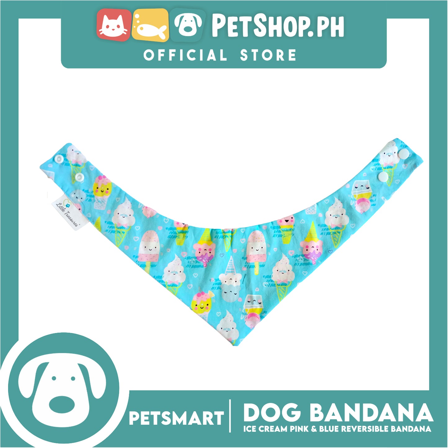 Dog Bandana, Ice Cream Design, Pink and Blue Reversible Bandana DB-CTN40XS (XS) Soft and Comfortable Pet Bandana