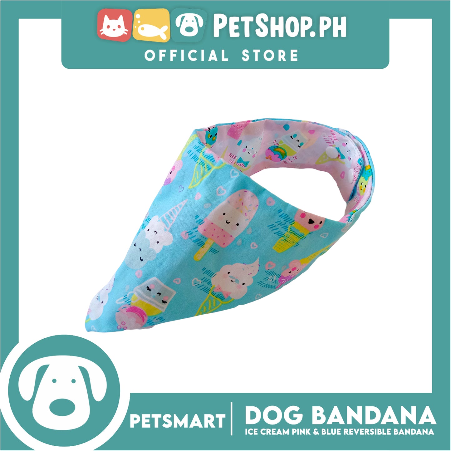 Dog Bandana, Ice Cream Design, Pink and Blue Reversible Bandana DB-CTN40S (Small) Soft and Comfortable Pet Bandana