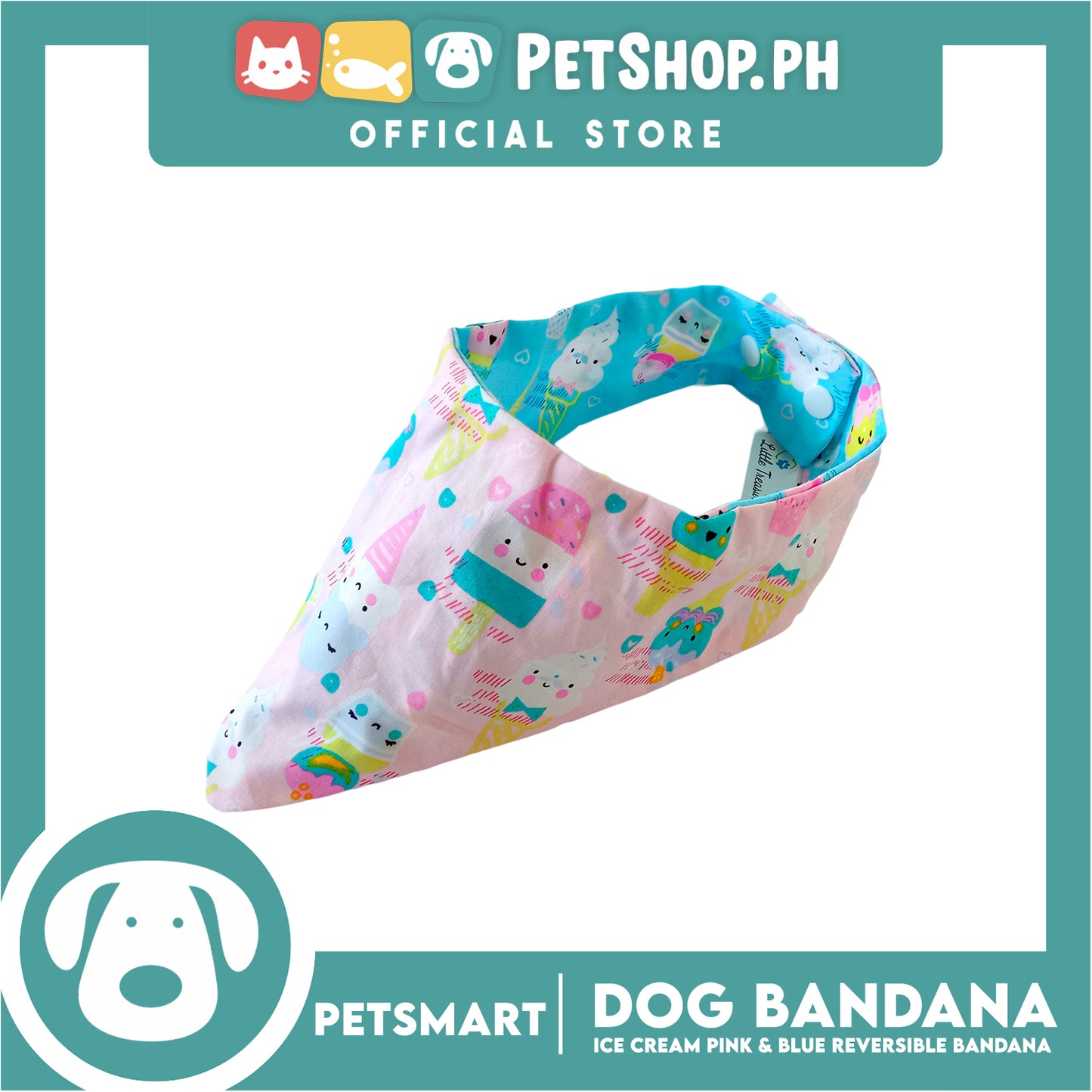 Dog Bandana, Ice Cream Design, Pink and Blue Reversible Bandana DB-CTN40M (Medium) Soft and Comfortable Pet Bandana