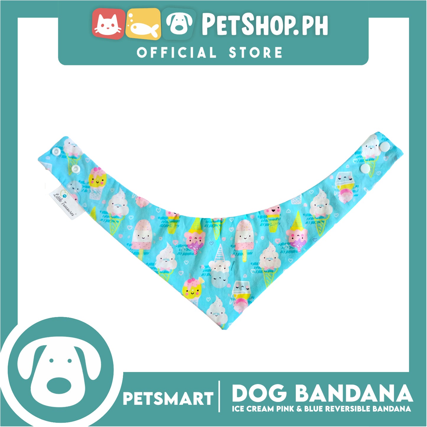 Dog Bandana, Ice Cream Design, Pink and Blue Reversible Bandana DB-CTN40M (Medium) Soft and Comfortable Pet Bandana