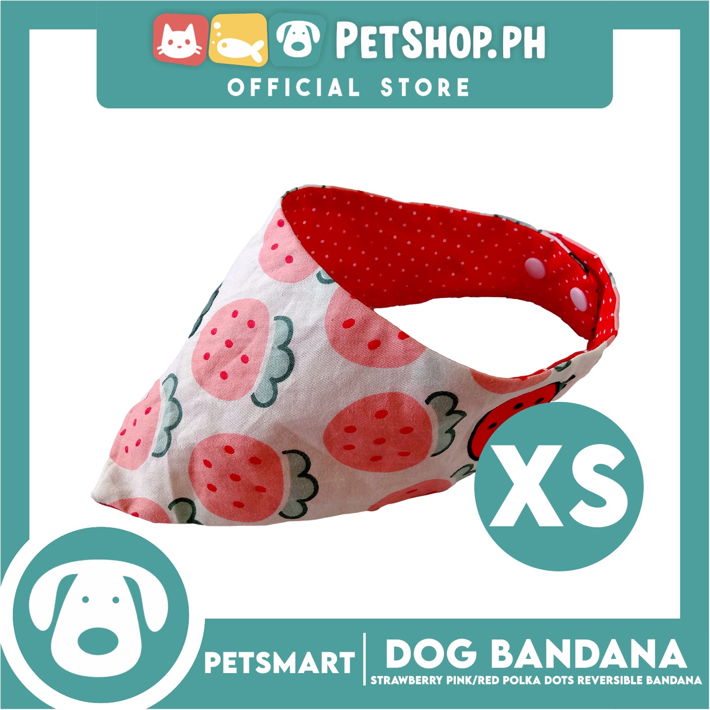 Dog Bandana, Strawberry Design, Pink with Red Polka Dots Reversible Bandana DB-CTN41XS (XS) Soft and Comfortable Pet Bandana