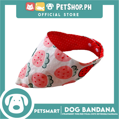 Dog Bandana, Strawberry Design, Pink with Red Polka Dots Reversible Bandana DB-CTN41XS (XS) Soft and Comfortable Pet Bandana