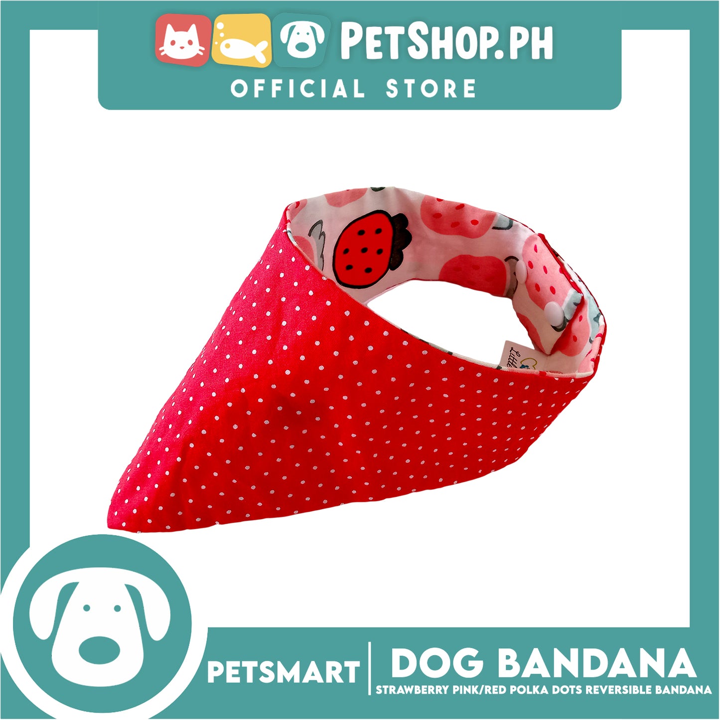Dog Bandana, Strawberry Design, Pink with Red Polka Dots Reversible Bandana DB-CTN41XS (XS) Soft and Comfortable Pet Bandana