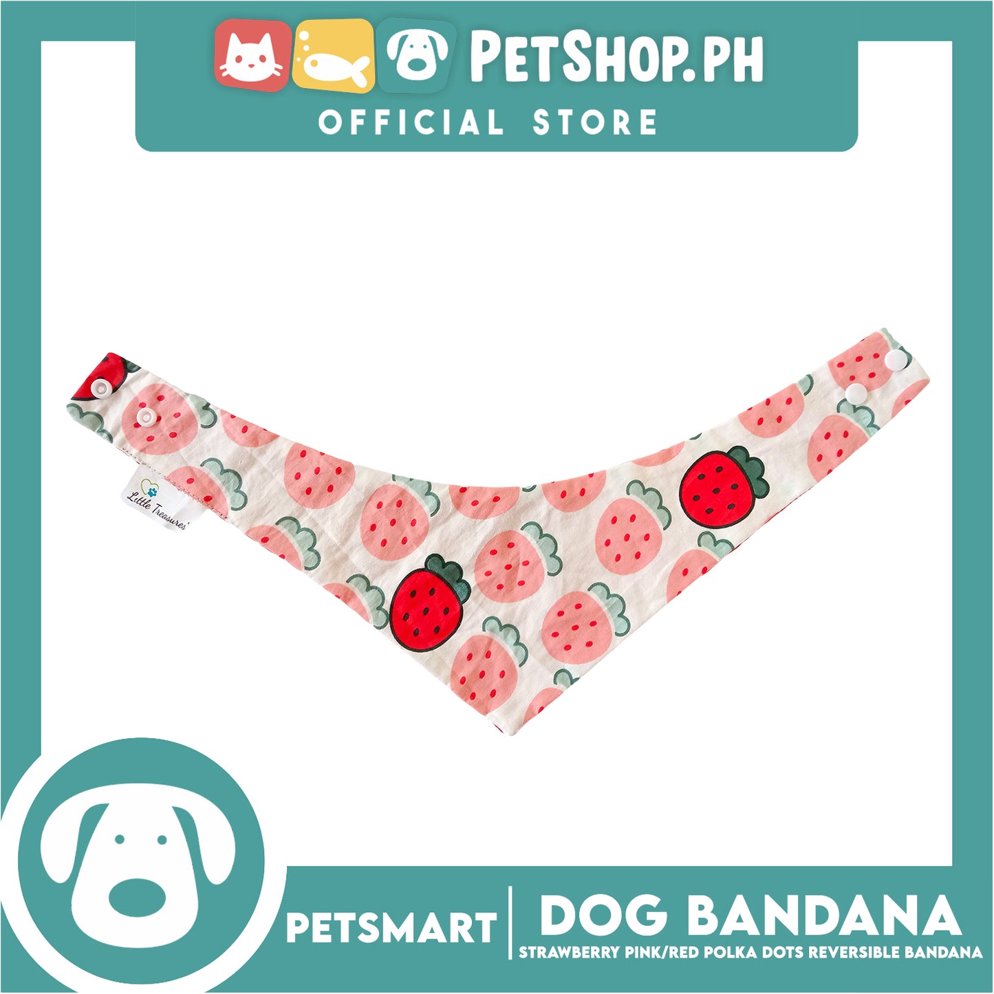 Dog Bandana, Strawberry Design, Pink with Red Polka Dots Reversible Bandana DB-CTN41M (Medium) Soft and Comfortable Pet Bandana