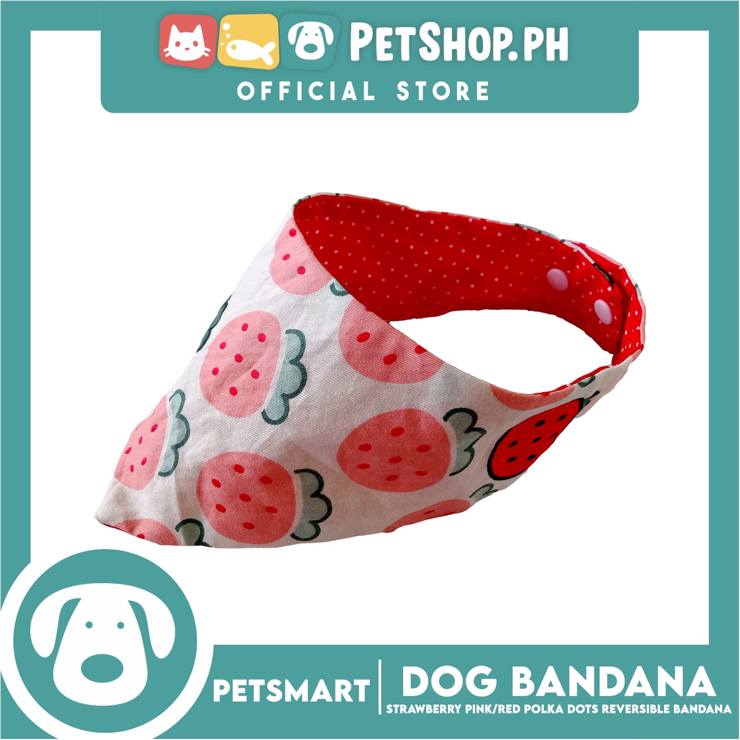 Dog Bandana, Strawberry Design, Pink with Red Polka Dots Reversible Bandana DB-CTN41M (Medium) Soft and Comfortable Pet Bandana
