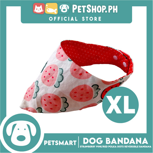 Dog Bandana, Strawberry Design, Pink with Red Polka Dots Reversible Bandana DB-CTN41XL (XL) Soft and Comfortable Pet Bandana