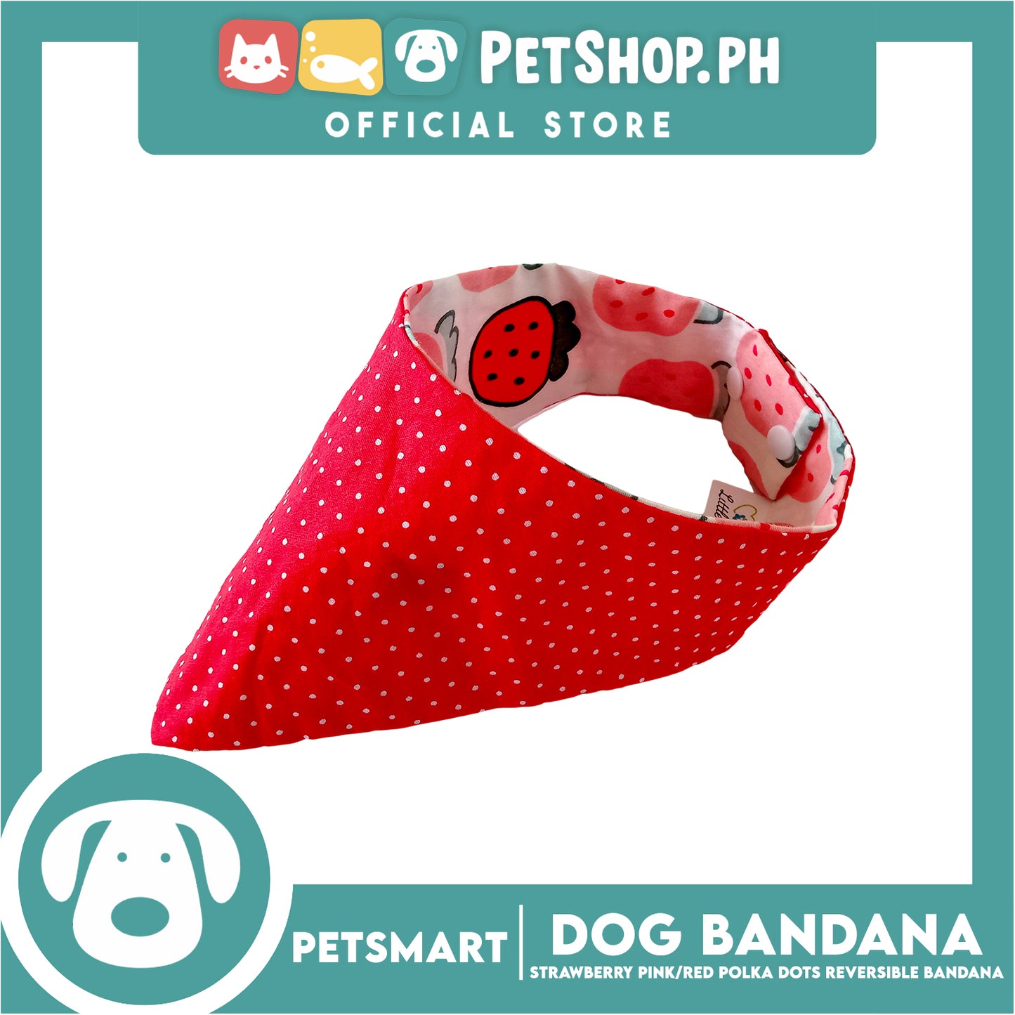 Dog Bandana, Strawberry Design, Pink with Red Polka Dots Reversible Bandana DB-CTN41XL (XL) Soft and Comfortable Pet Bandana