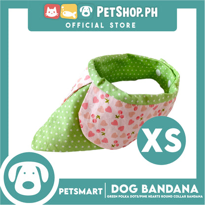Dog Collar Bandana, Green Polka Dots with Pink Heart Round Collar Bandana DB-CTN42XS (XS) Soft and Comfortable Pet Bandana