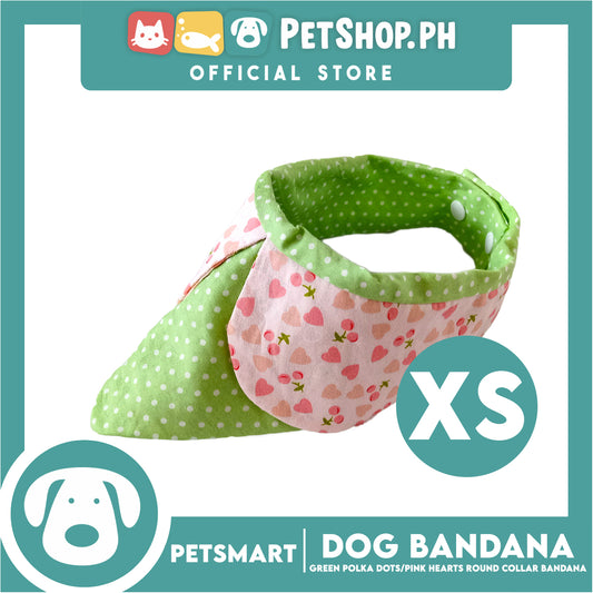 Dog Collar Bandana, Green Polka Dots with Pink Heart Round Collar Bandana DB-CTN42XS (XS) Soft and Comfortable Pet Bandana