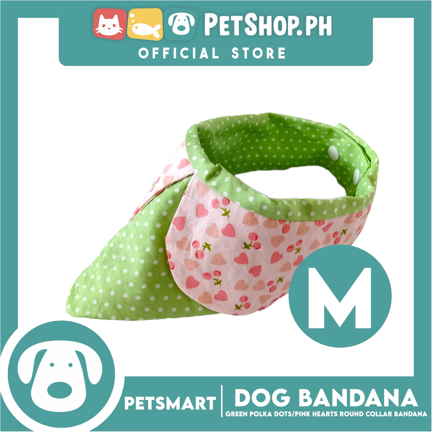 Dog Collar Bandana, Green Polka Dots with Pink Heart Round Collar Bandana DB-CTN42M (Medium) Soft and Comfortable Pet Bandana
