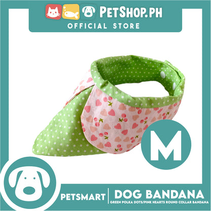 Dog Collar Bandana, Green Polka Dots with Pink Heart Round Collar Bandana DB-CTN42M (Medium) Soft and Comfortable Pet Bandana