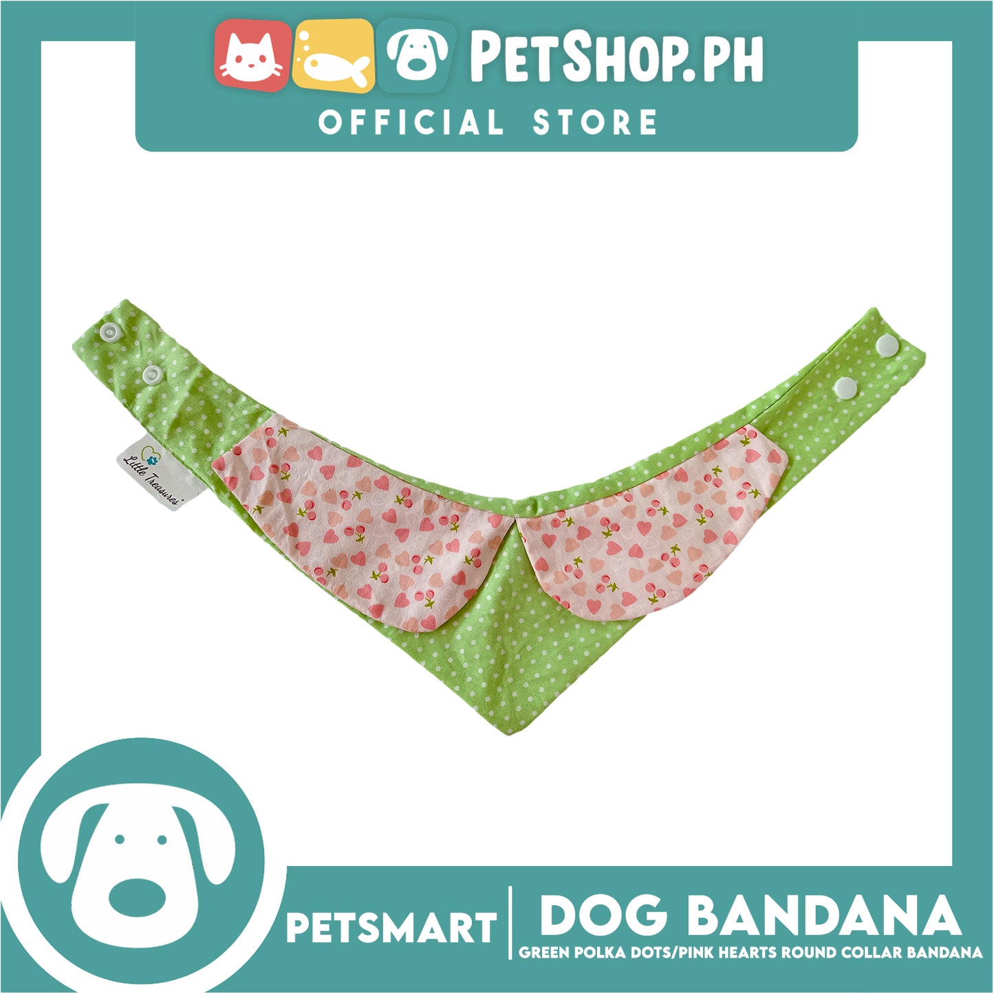 Dog Collar Bandana, Green Polka Dots with Pink Heart Round Collar Bandana DB-CTN42M (Medium) Soft and Comfortable Pet Bandana