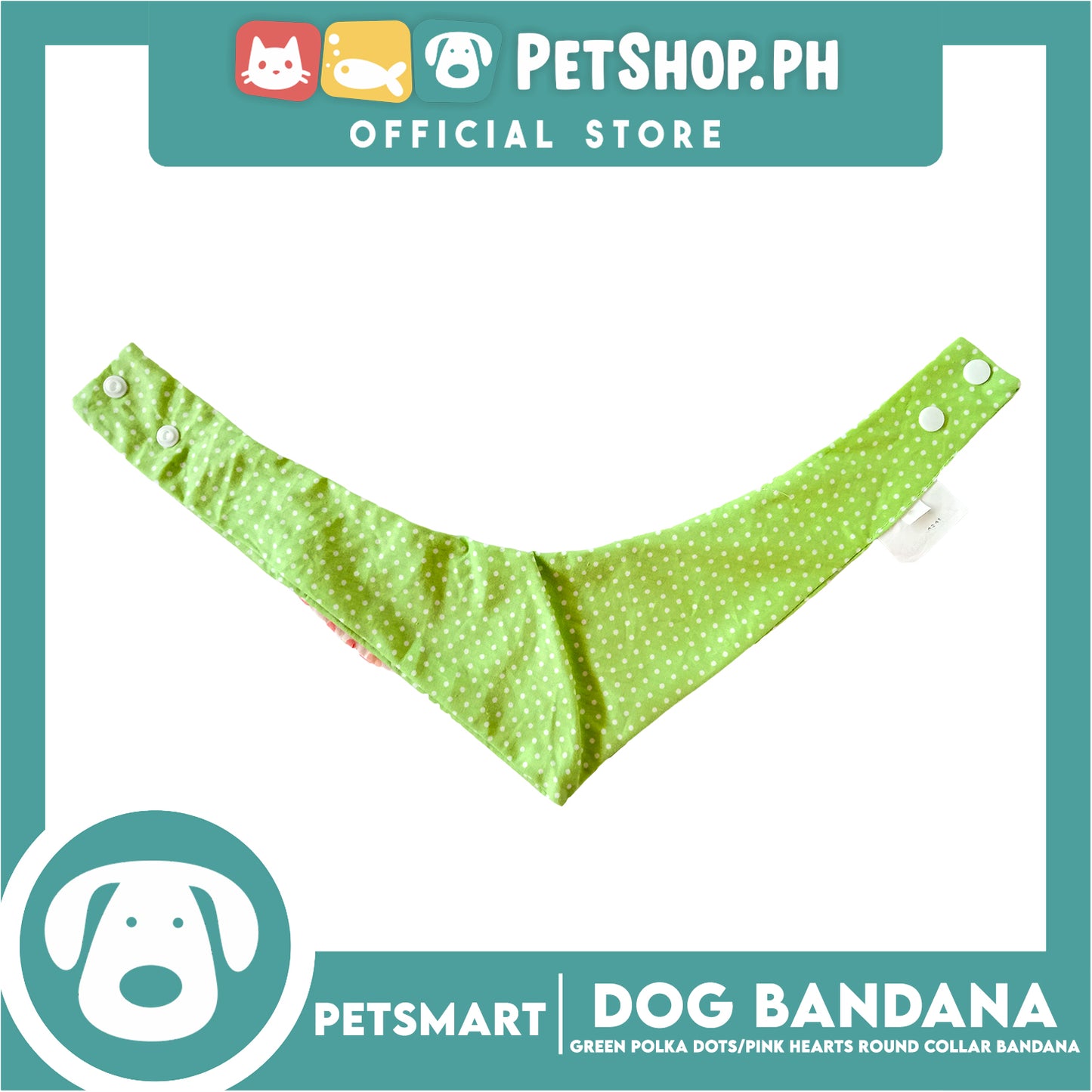 Dog Collar Bandana, Green Polka Dots with Pink Heart Round Collar Bandana DB-CTN42M (Medium) Soft and Comfortable Pet Bandana