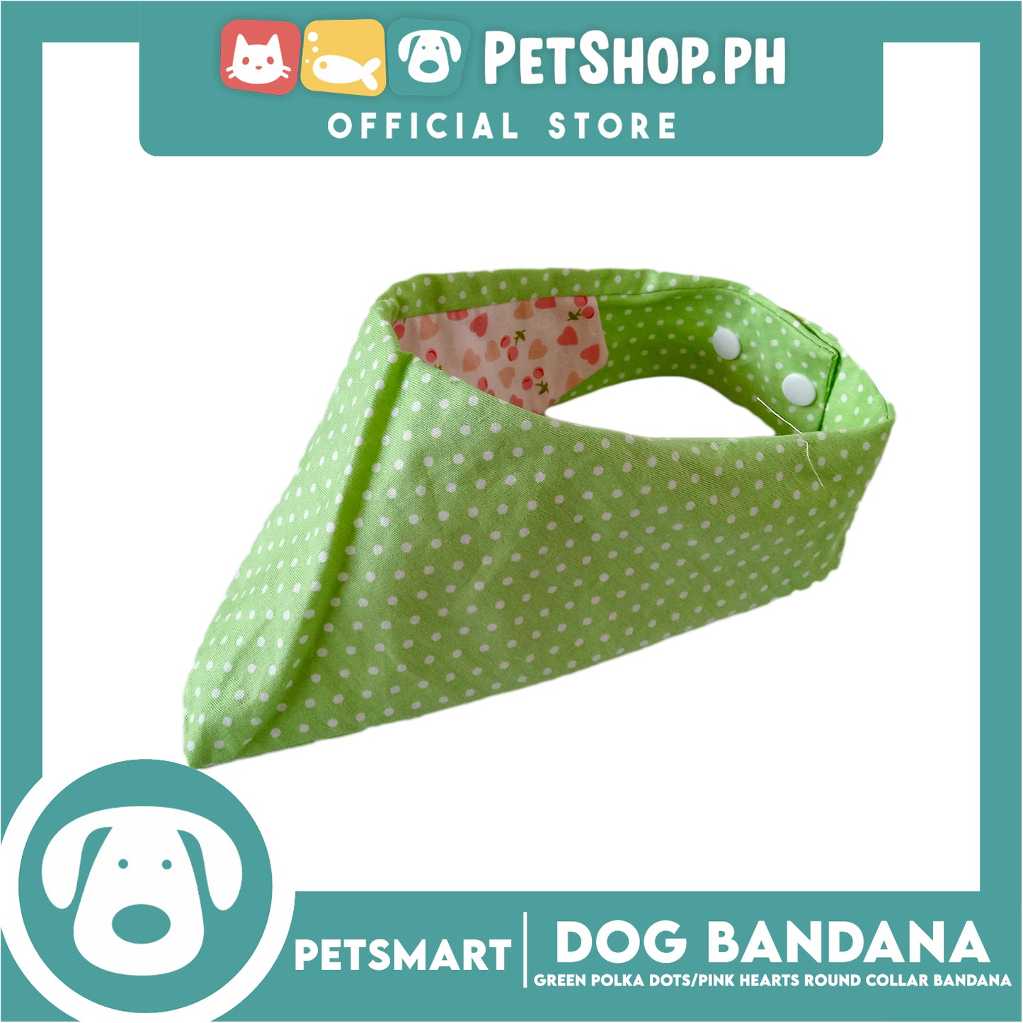 Dog Collar Bandana, Green Polka Dots with Pink Heart Round Collar Bandana DB-CTN42M (Medium) Soft and Comfortable Pet Bandana