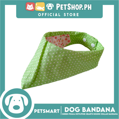 Dog Collar Bandana, Green Polka Dots with Pink Heart Round Collar Bandana DB-CTN42M (Medium) Soft and Comfortable Pet Bandana